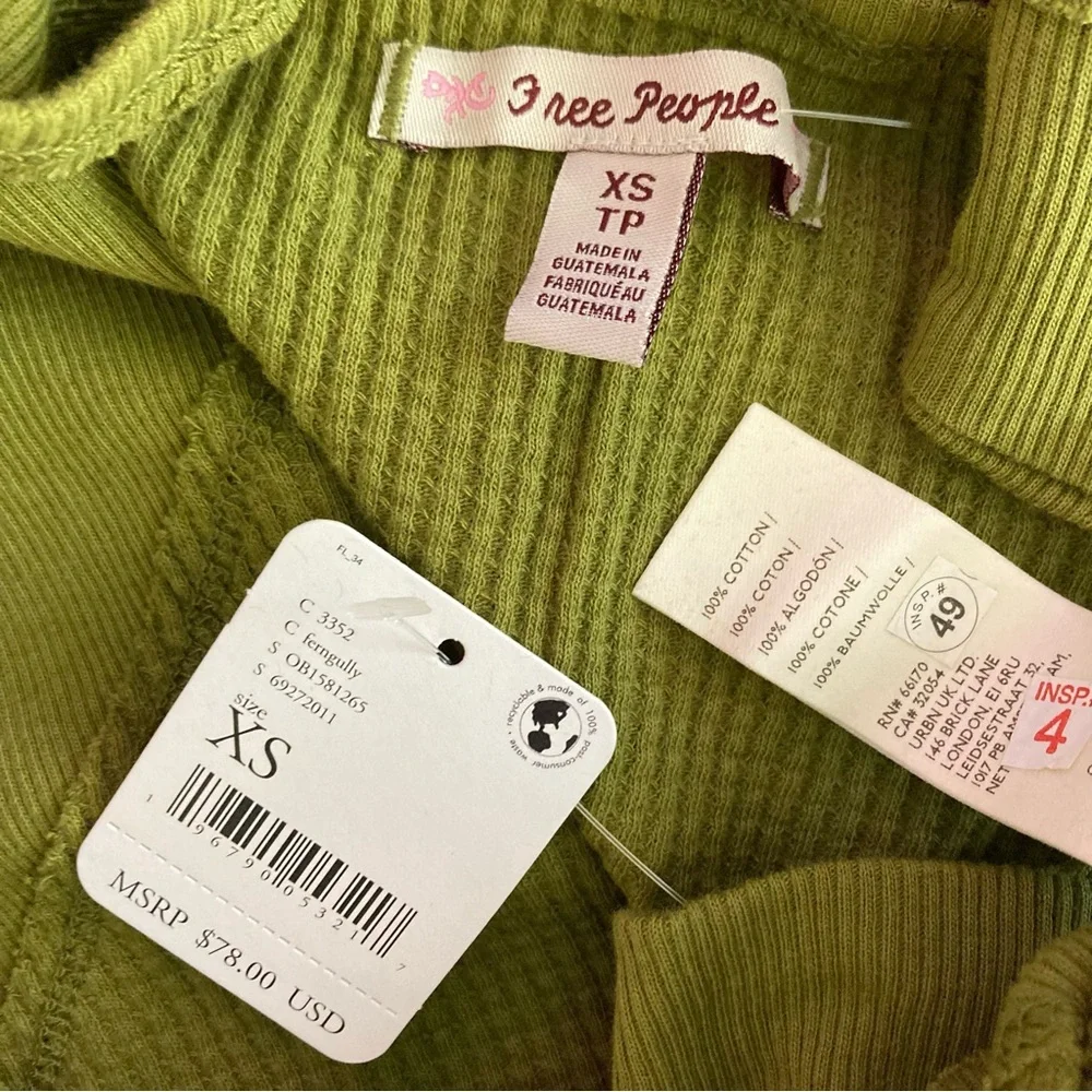Free People Santa Clara Thermal Top Green Long Sleeve Top 100% Cotton
